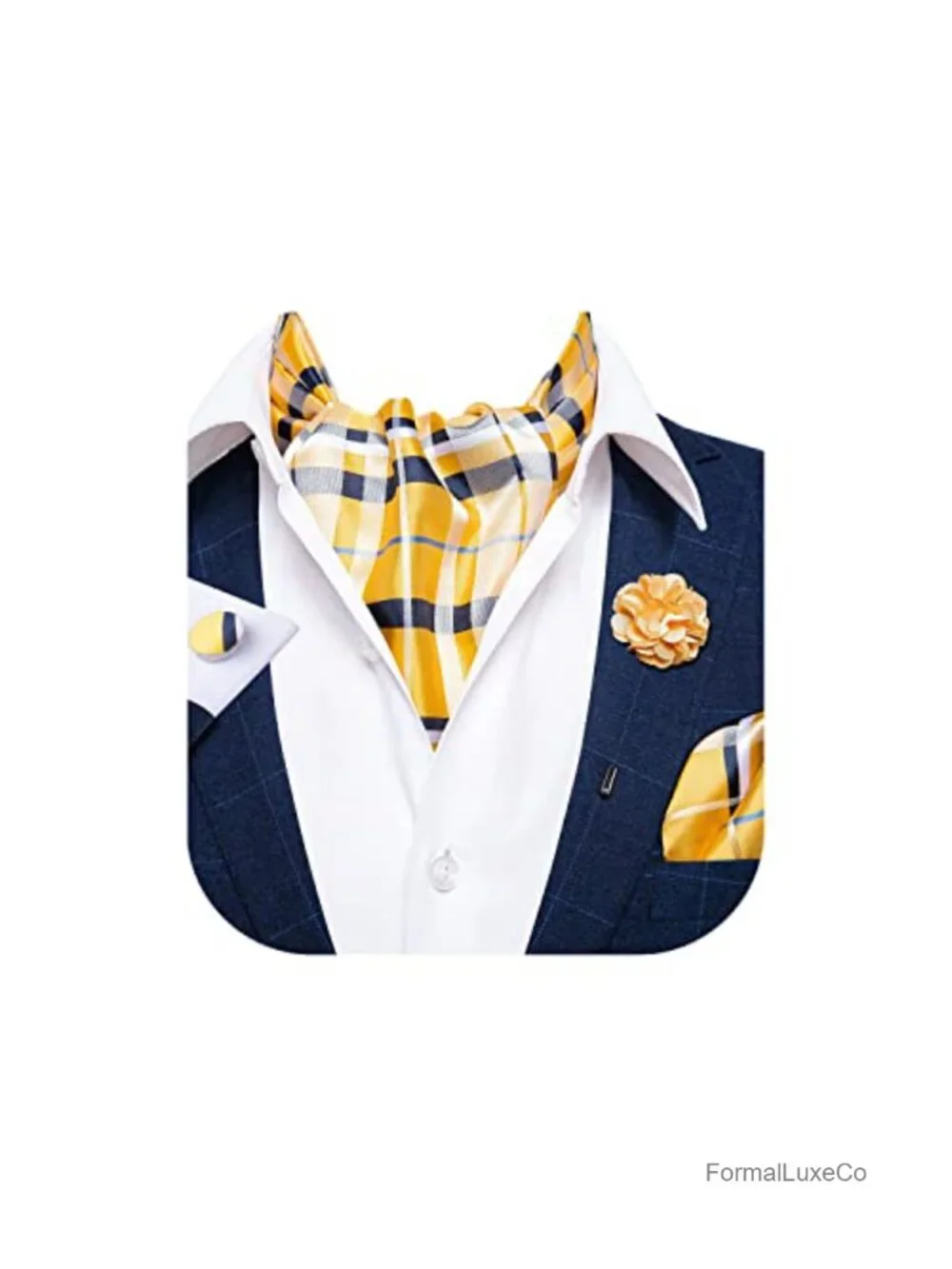 Silk Jacquard Woven Ascot Tie Set with Pocket Square Cufflinks Lapel Pin for